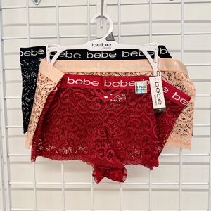 bebe Lace Boyshorts Trio — Red, Black, Blush